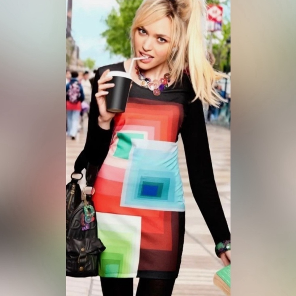 DESIGUAL Body Con Dress Colorful Long Sleeve Sz M Medium
